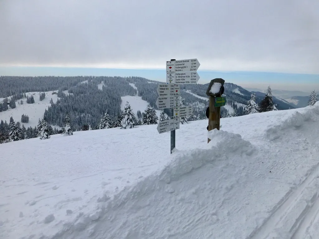 Verschneiter Wegweiser am Feldberg im Schwarzwald